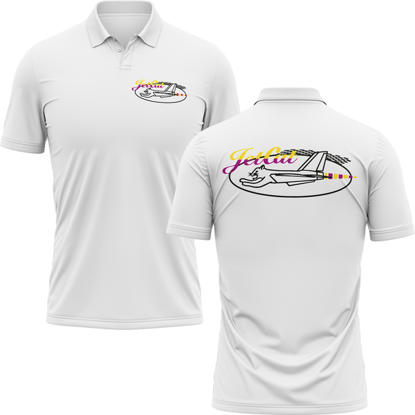 JetCat Logo polo shirt with back print for turbine pilots – White