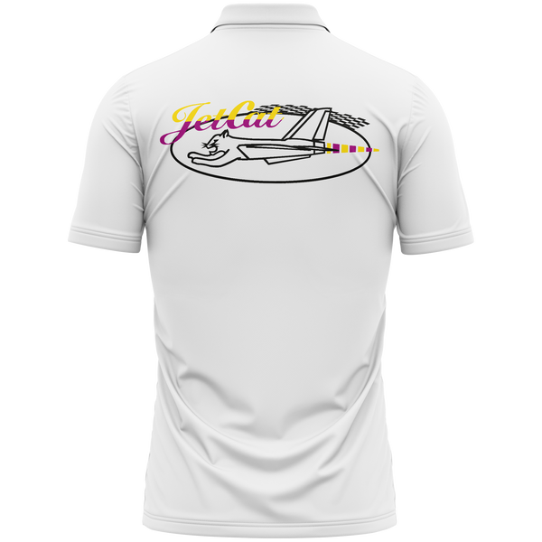 JetCat Logo polo shirt with back print for turbine pilots – White, back