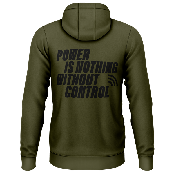 Power Is Nothing Without Control Hoodie für Speed-Fans – Oliv, Rückseite