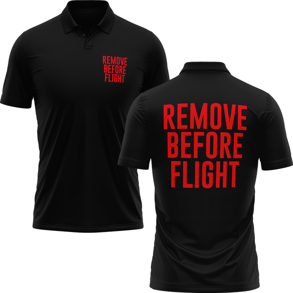 Remove Before Flight Poloshirt mit Rückendruck für RC-Piloten – Schwarz