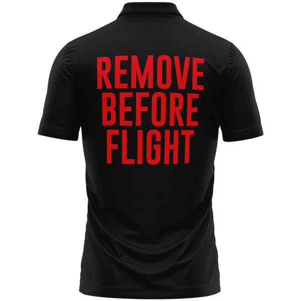 Remove Before Flight Poloshirt mit Rückendruck für RC-Piloten – Schwarz, Rückseite