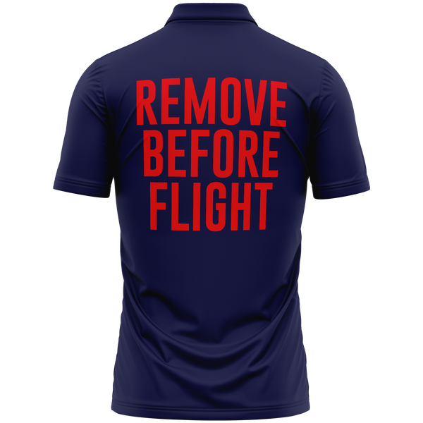 Remove Before Flight Poloshirt mit Rückendruck für Modellflieger – Navy, Rückseite