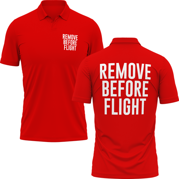Remove Before Flight Poloshirt mit Rückendruck für Jet-Piloten – Rot