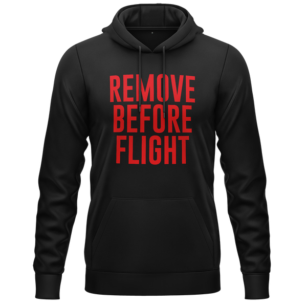 Remove Before Flight hoodie with chest print for aircraft modellers – Black