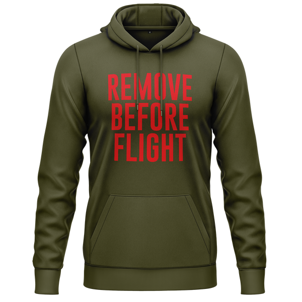 Remove Before Flight hoodie with chest print for model builders – Olive