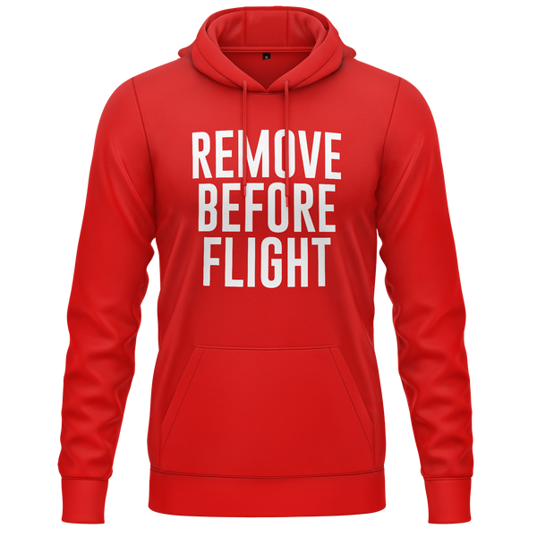 Remove Before Flight hoodie with chest print for aircraft modellers – Red