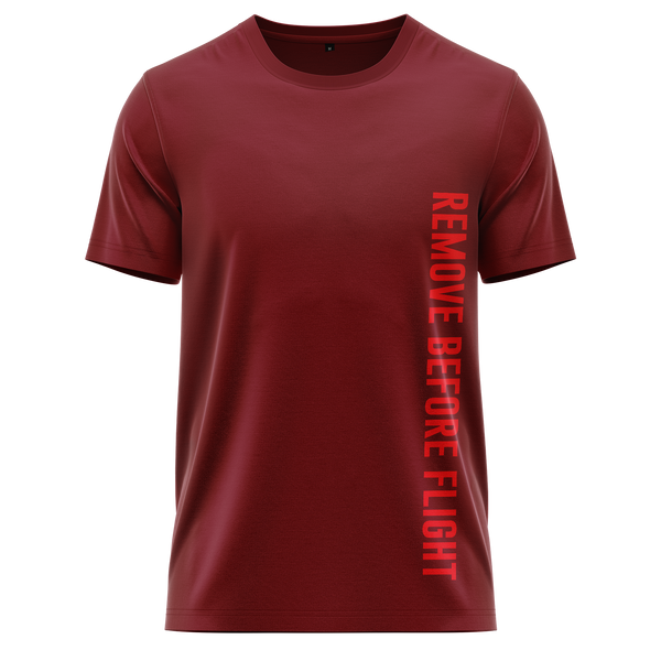 Remove Before Flight shirt with chest print for aircraft modellers – Burgundy