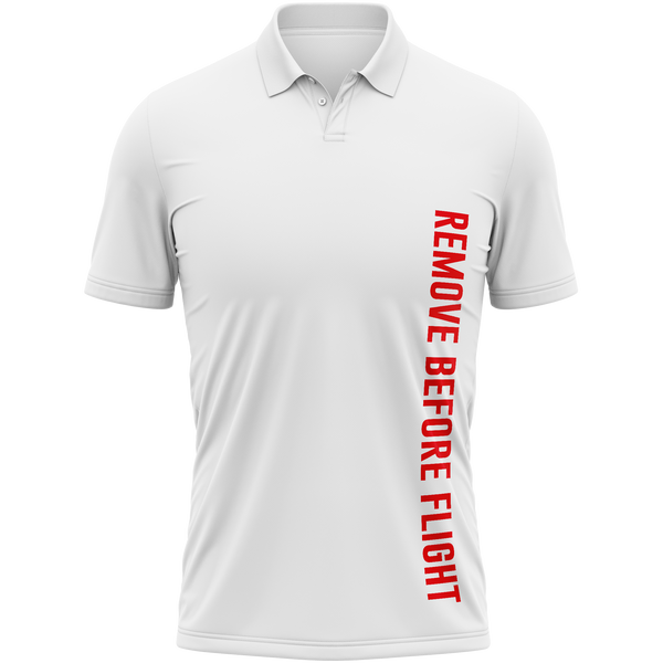 Remove Before Flight Poloshirt mit Brustdruck für Scale-Piloten – Weiß