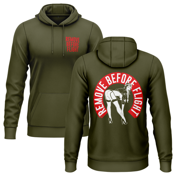 Remove Before Flight Girl hoodie with back print for model flyers – Olive
