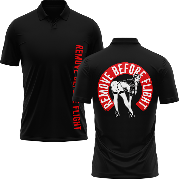 Remove Before Flight Girl polo shirt for aircraft modellers – Black