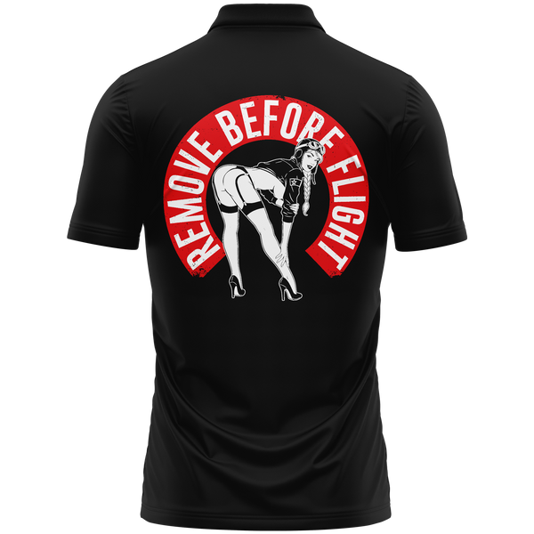 Remove Before Flight Girl polo shirt for aircraft modellers – Black, back