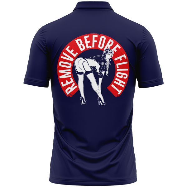 Remove Before Flight Girl polo shirt for aircraft modellers – Navy, back