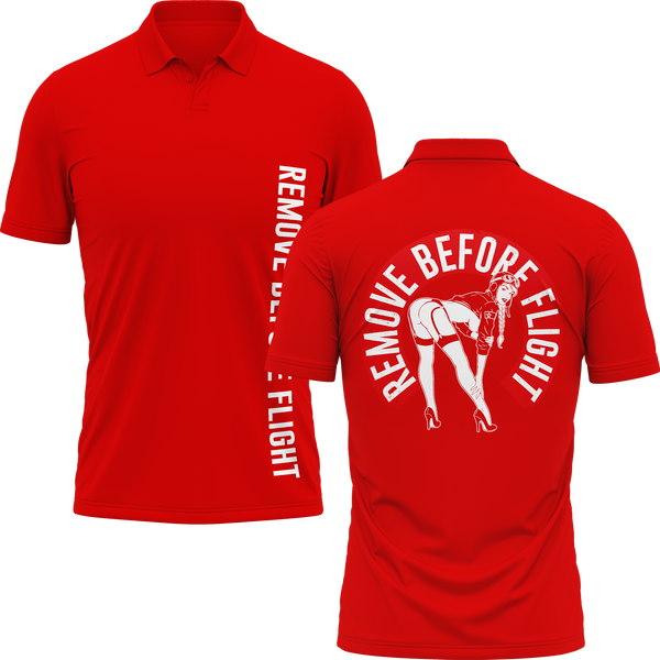 Remove Before Flight Girl polo shirt for aircraft modellers – Red