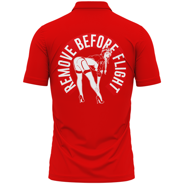Remove Before Flight Girl polo shirt for aircraft modellers – Red, back