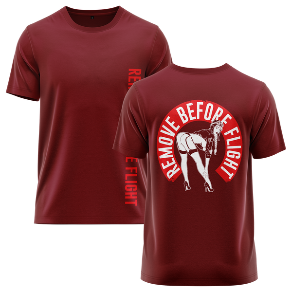 Remove Before Flight Girl shirt with back print for RC pilots – Burgundy