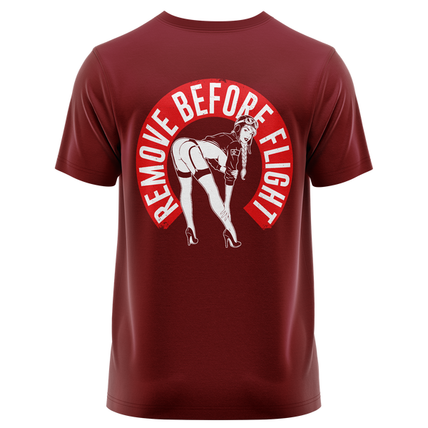 Remove Before Flight Girl shirt with back print for RC pilots – Burgundy, back
