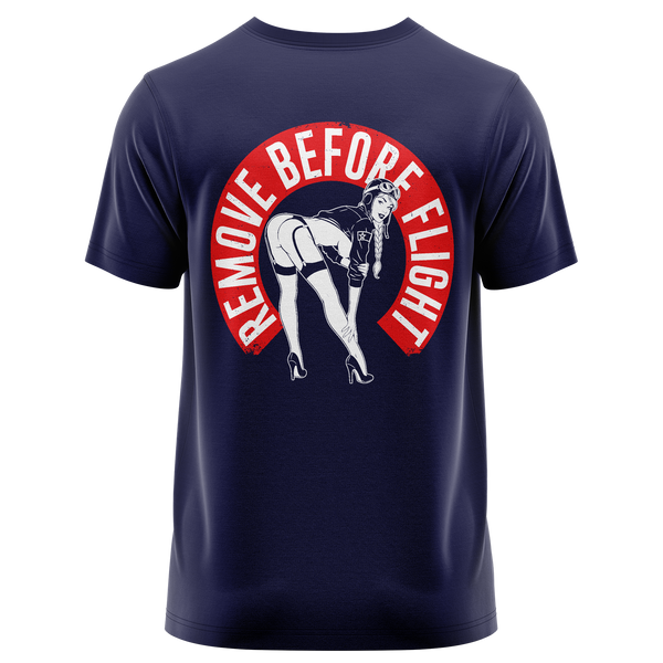 Remove Before Flight Girl shirt with back print for RC pilots – Navy, back