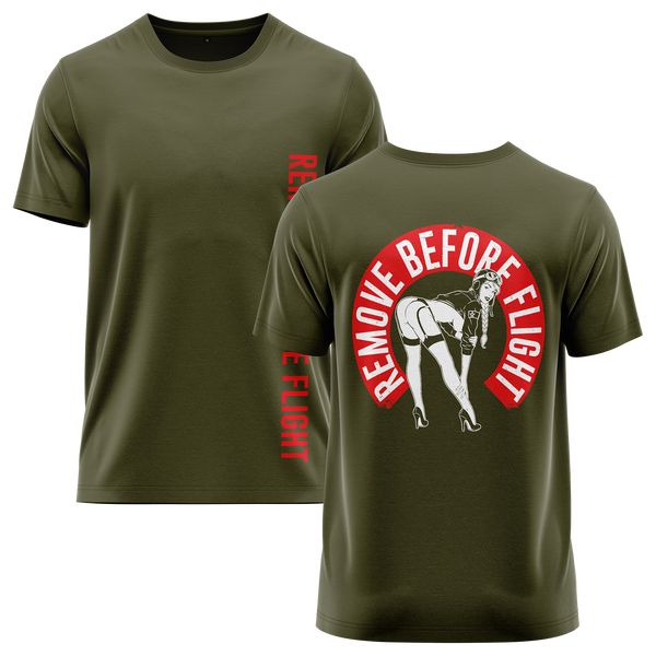 Remove Before Flight Girl shirt with back print for RC pilots – Olive