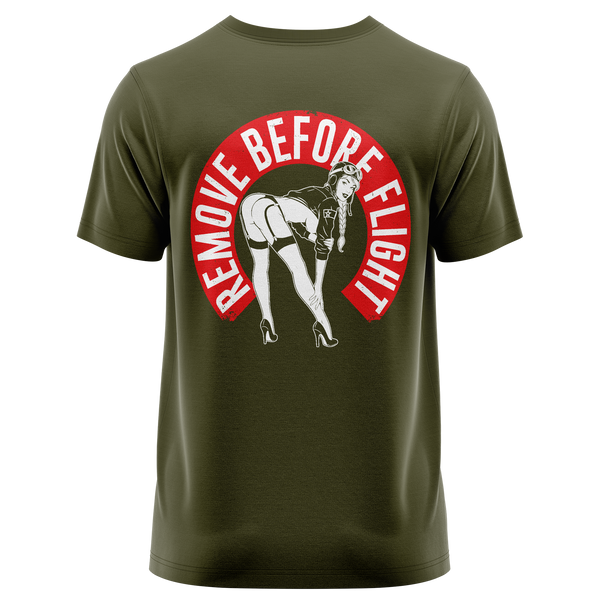 Remove Before Flight Girl shirt with back print for RC pilots – Olive, back