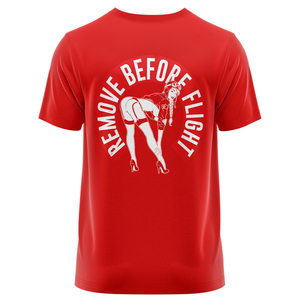 Remove Before Flight Girl shirt with back print for RC pilots – Red, back