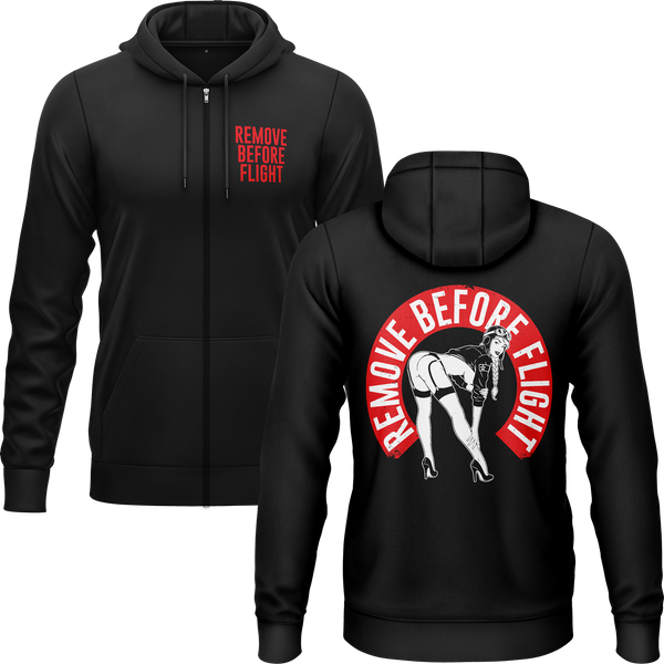 Remove Before Flight Girl zip hoodie for model flying fans – Black