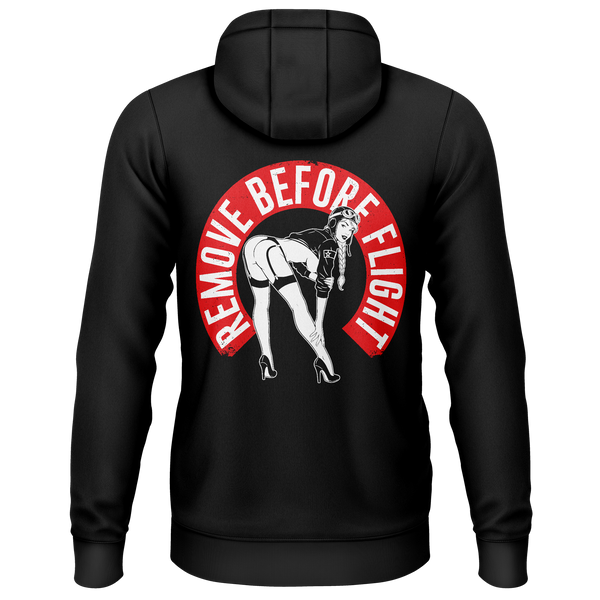Remove Before Flight Girl zip hoodie for model flying fans – Black, back
