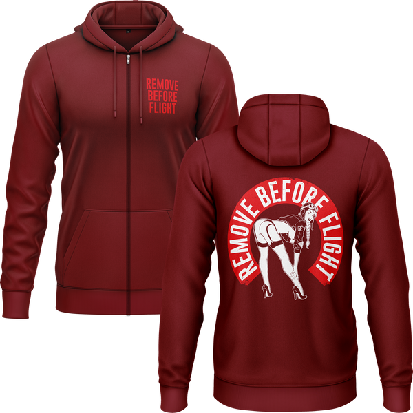 Remove Before Flight Girl zip hoodie for model flying fans – Burgundy
