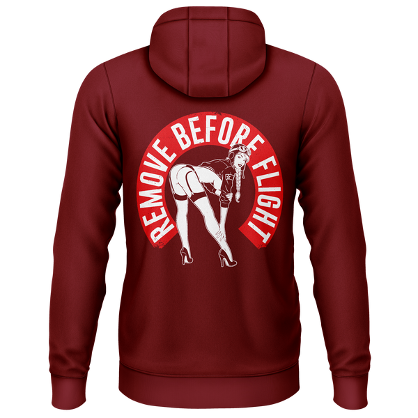 Remove Before Flight Girl zip hoodie for model flying fans – Burgundy, back