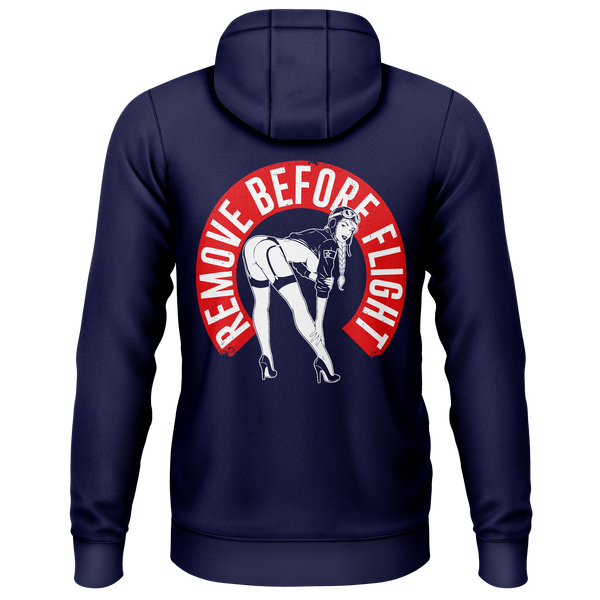 Remove Before Flight Girl zip hoodie for model flying fans – Navy, back