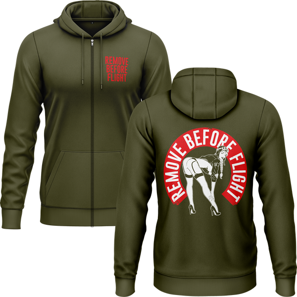 Remove Before Flight Girl zip hoodie for model flying fans – Olive