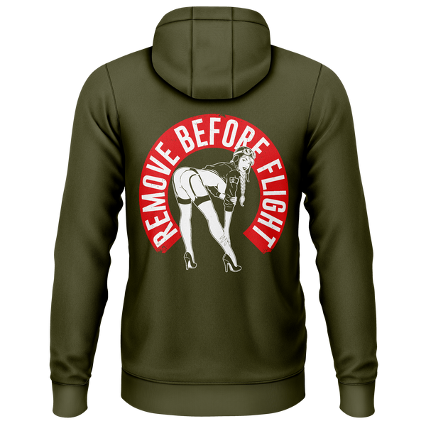 Remove Before Flight Girl zip hoodie for model flying fans – Olive, back