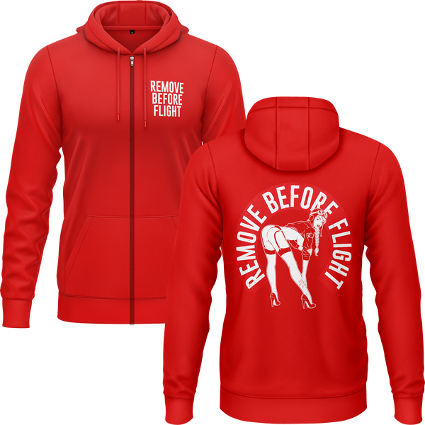 Remove Before Flight Girl zip hoodie for model flying fans – Red