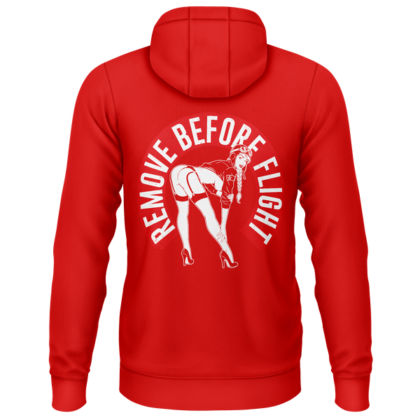 Remove Before Flight Girl zip hoodie for model flying fans – Red, back