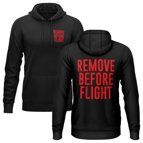 Remove Before Flight hoodie with back print for aircraft modellers – Black