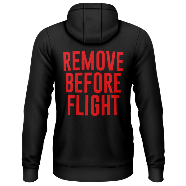 Remove Before Flight hoodie with back print for aircraft modellers – Black, back