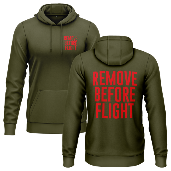 Remove Before Flight hoodie with back print for model builders – Olive
