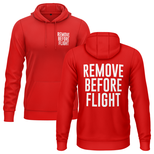 Remove Before Flight hoodie with back print for aircraft modellers – Red