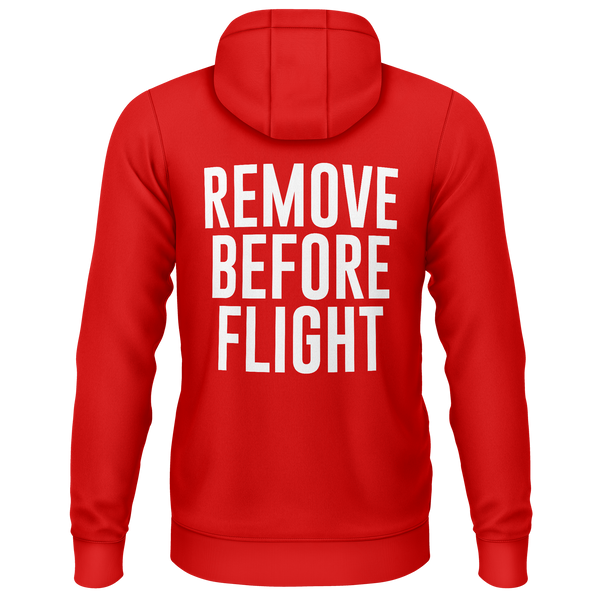 Remove Before Flight hoodie with back print for aircraft modellers – Red, back
