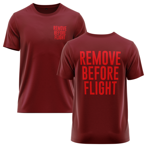 Remove Before Flight shirt with back print for aircraft modellers – Burgundy