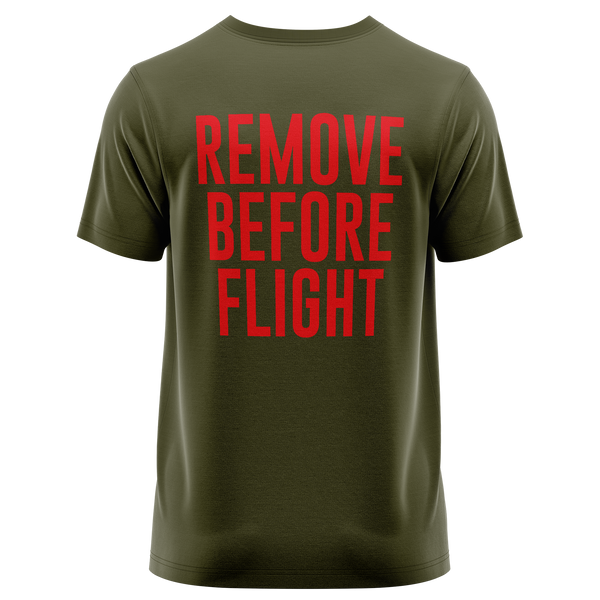 Remove Before Flight shirt with back print for model flyers – Olive, back
