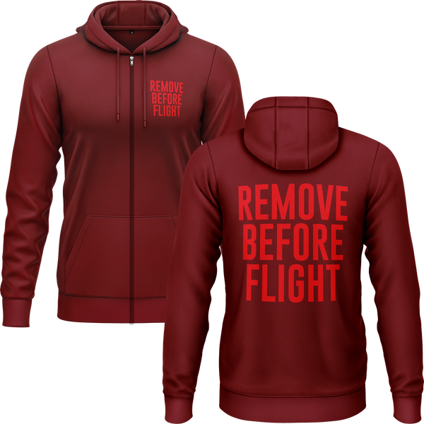Remove Before Flight zip hoodie with back print for model flyers – Burgundy