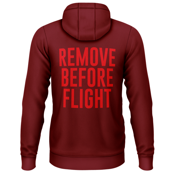 Remove Before Flight zip hoodie with back print for model flyers – Burgundy, back
