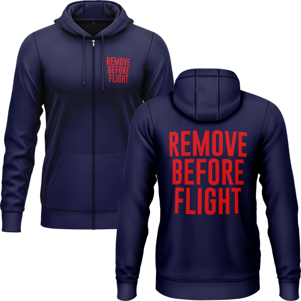 Remove Before Flight zip hoodie with back print for model builders – Navy