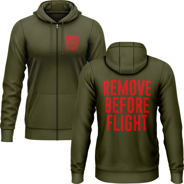 Remove Before Flight zip hoodie with back print for aircraft modellers – Olive