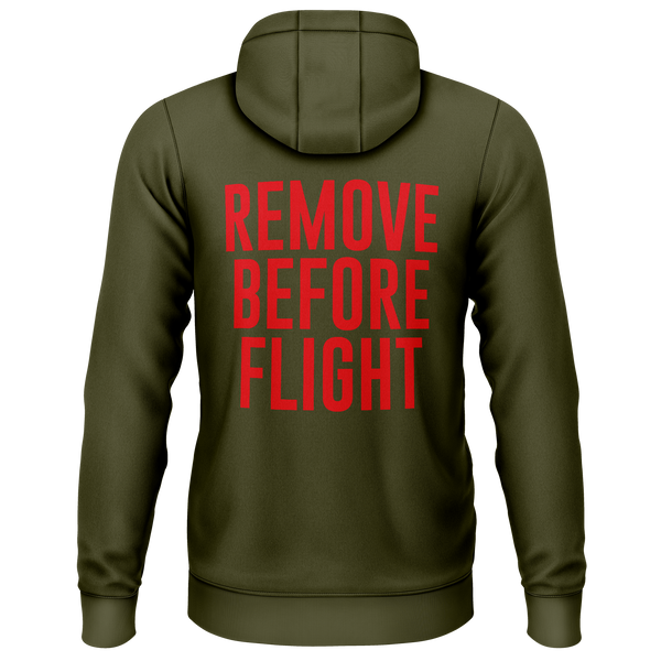 Remove Before Flight zip hoodie with back print for aircraft modellers – Olive, back