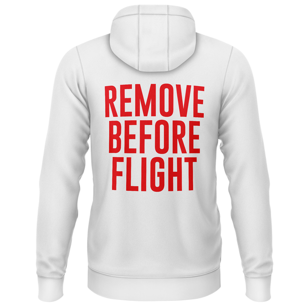 Remove Before Flight zip hoodie with back print for model flyers – White, back