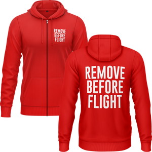 Remove Before Flight Zip-Hoodie mit Rückendruck für RC-Piloten – Rot