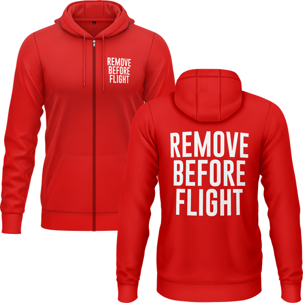 Remove Before Flight zip hoodie with back print for RC pilots – Red